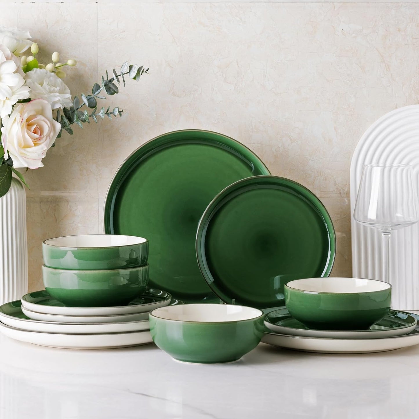 XQUDW073 Dinnerware Set White-Emerald Green