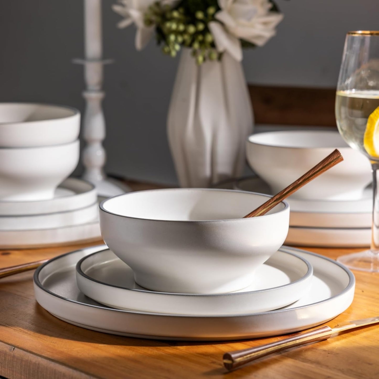 SLUDW013 Dinnerware Set - White With Matte Gray Rim