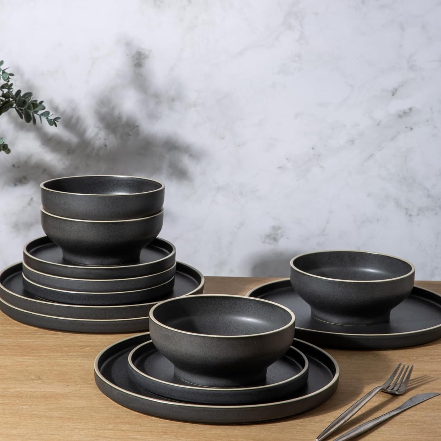 SLUDW013 Dinnerware Set - Black With White Rim