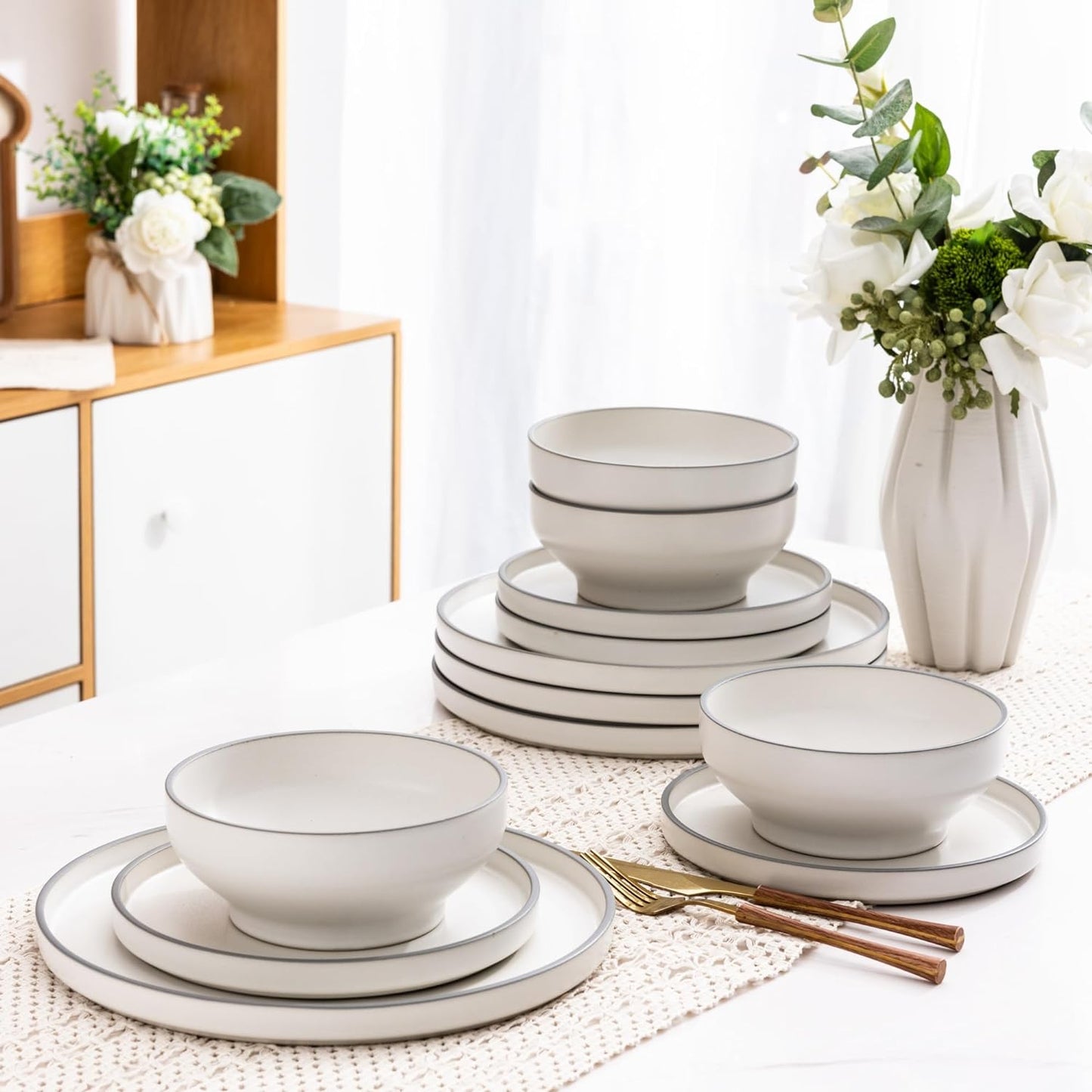 SLUDW013 Dinnerware Set - White With Matte Gray Rim