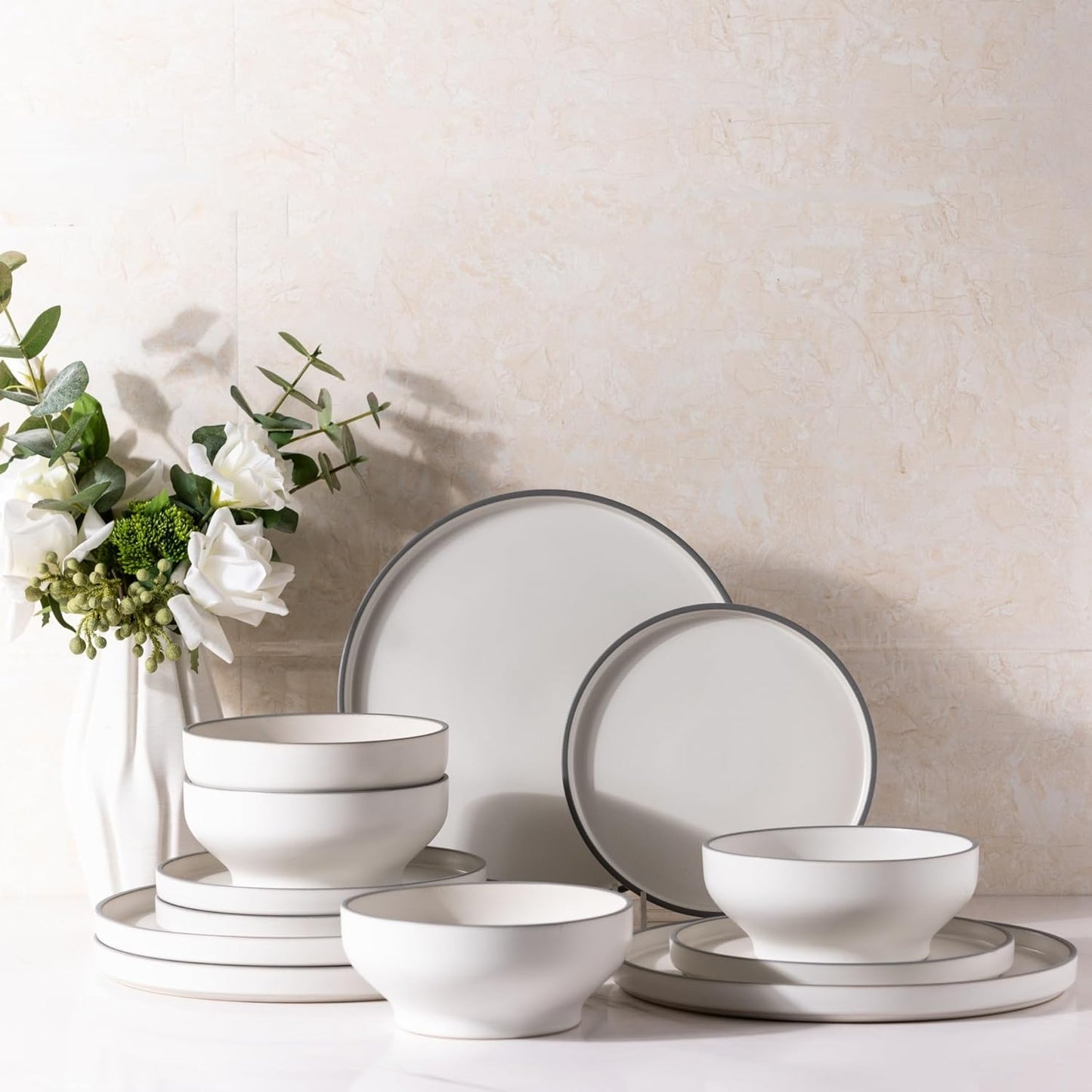 SLUDW013 Dinnerware Set - White With Matte Gray Rim