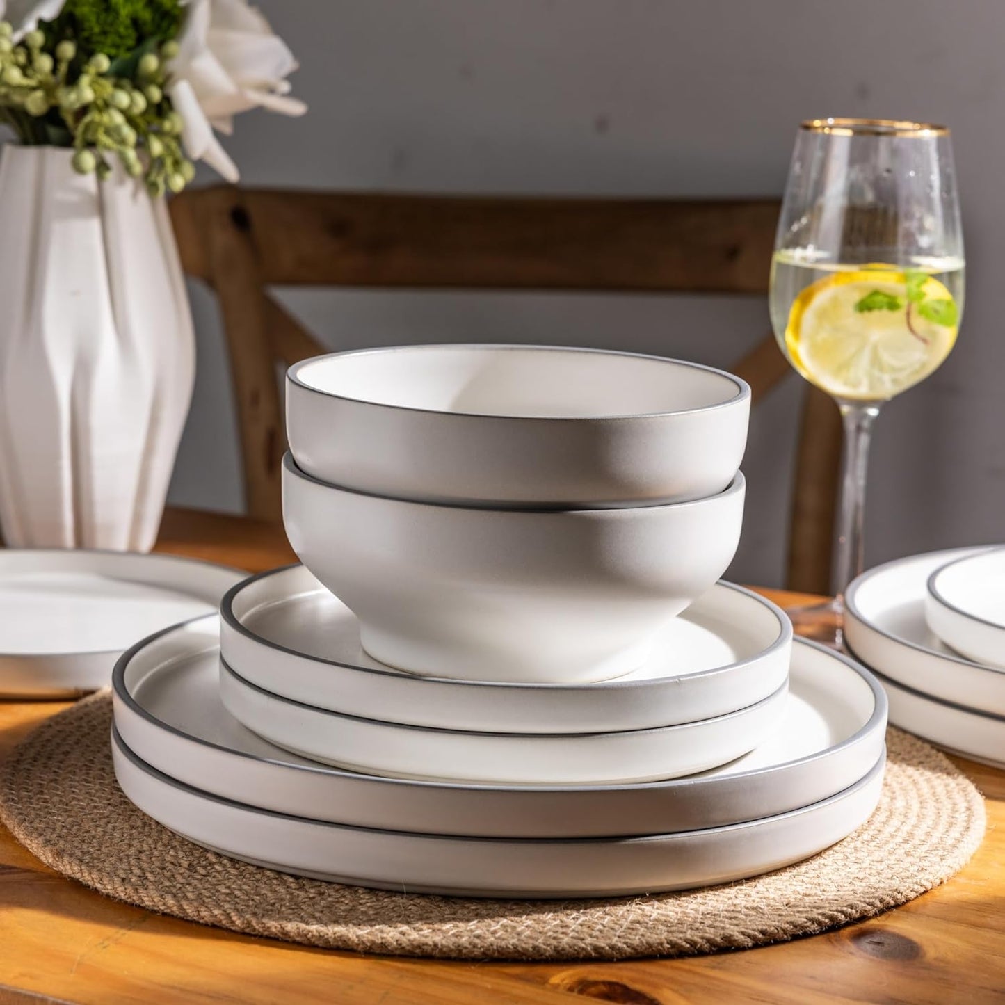 SLUDW013 Dinnerware Set - White With Matte Gray Rim