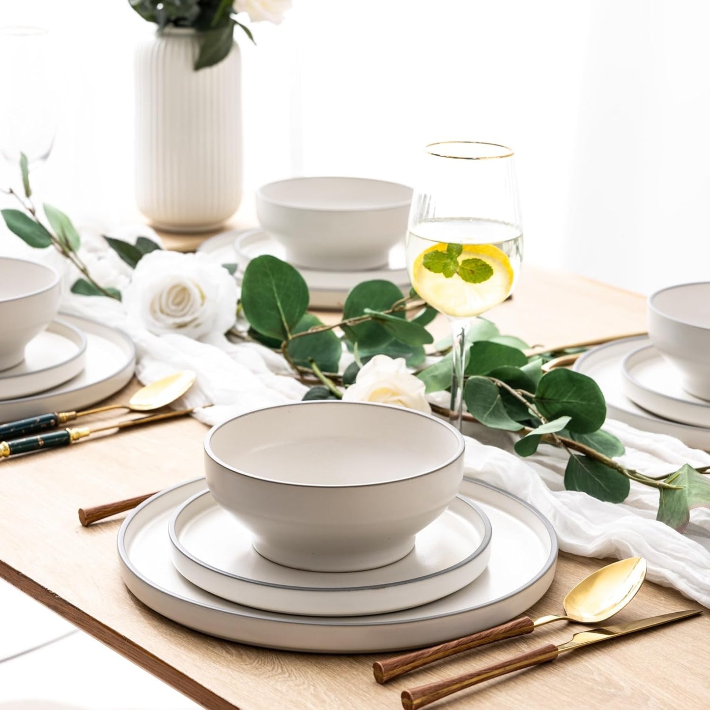 SLUDW013 Dinnerware Set - White With Matte Gray Rim