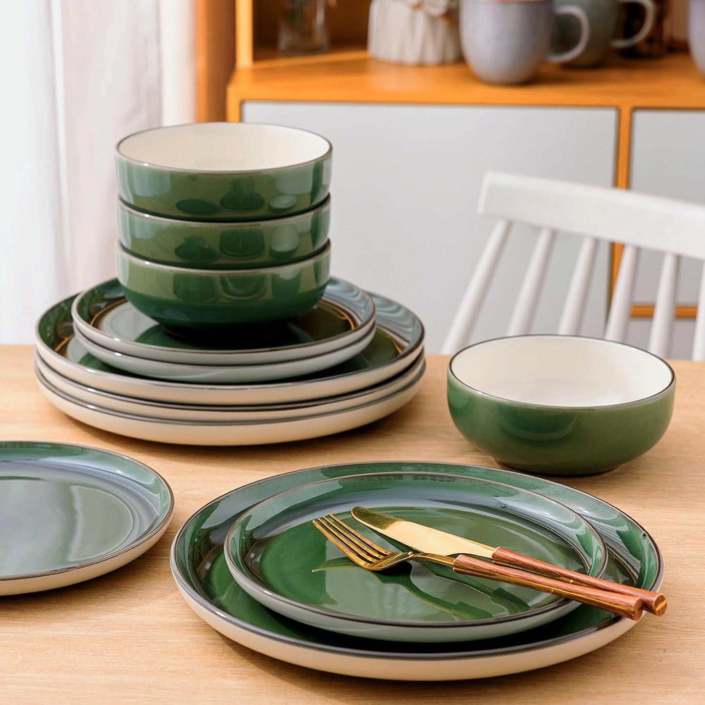 XQUDW073 Dinnerware Set White-Emerald Green