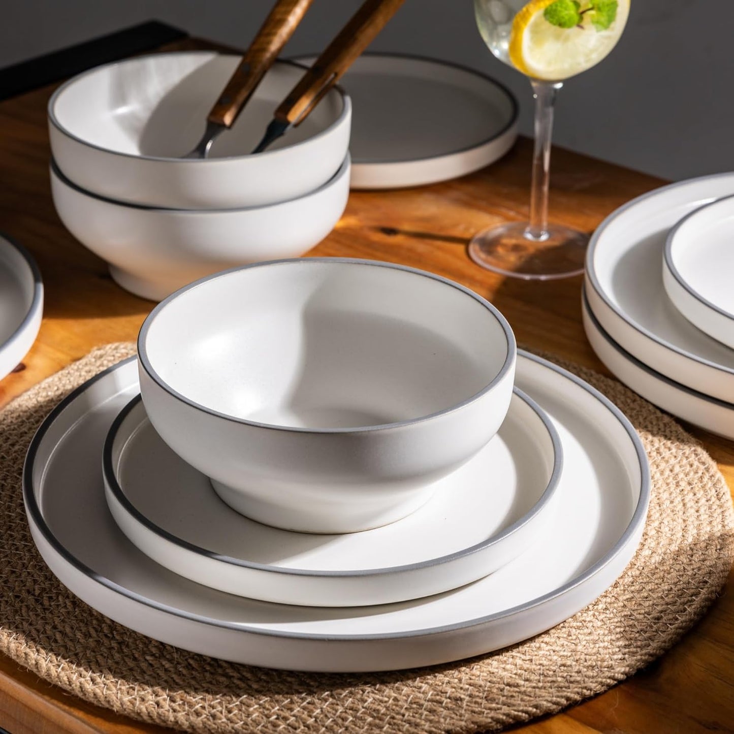 SLUDW013 Dinnerware Set - White With Matte Gray Rim