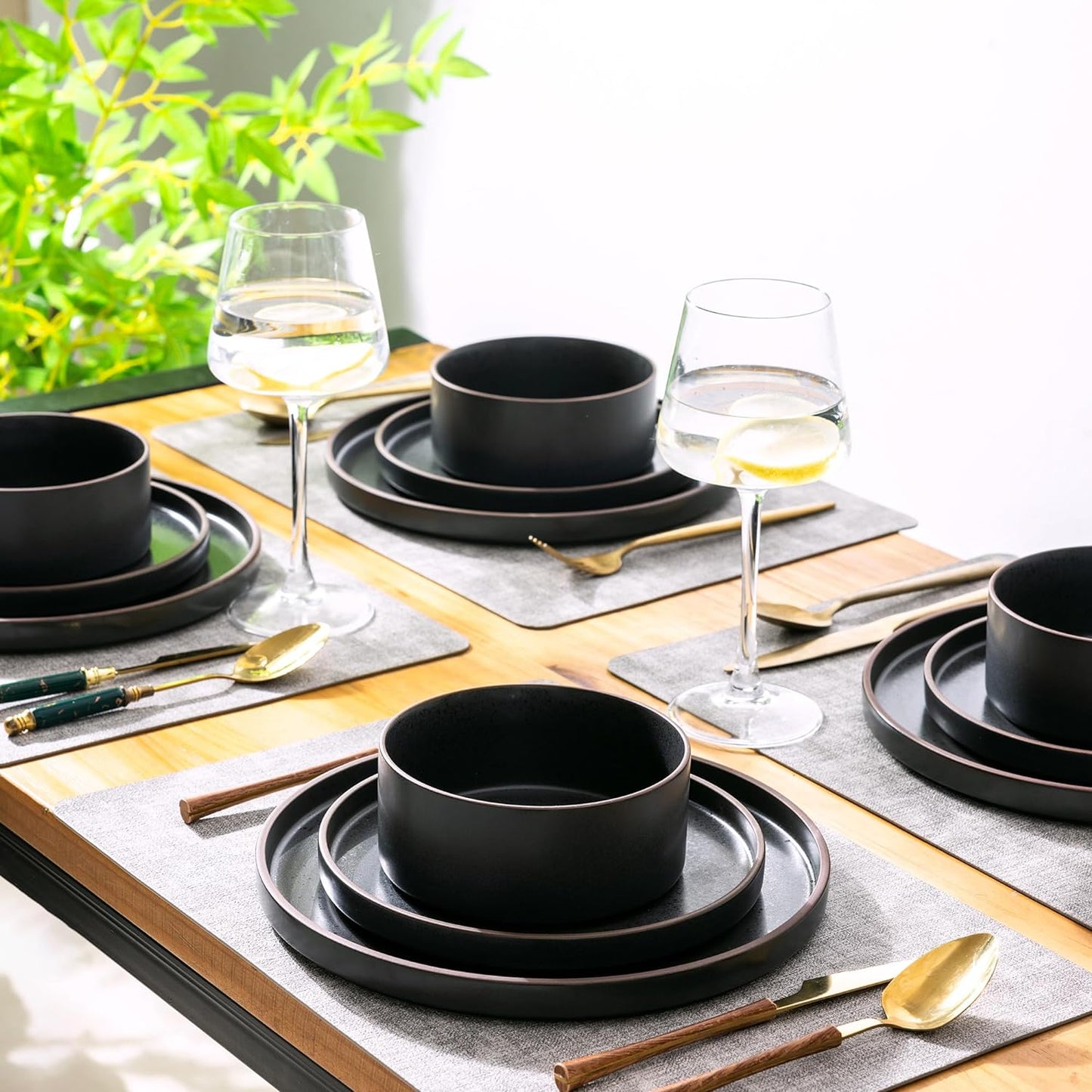 SLUDW013 Dinnerware Set - Black With Coffee Rim