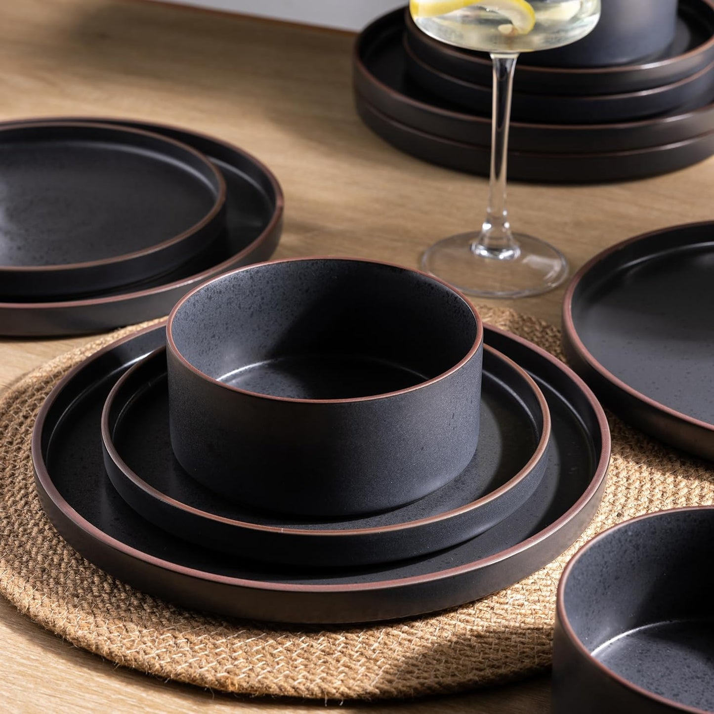 SLUDW013 Dinnerware Set - Black With Coffee Rim