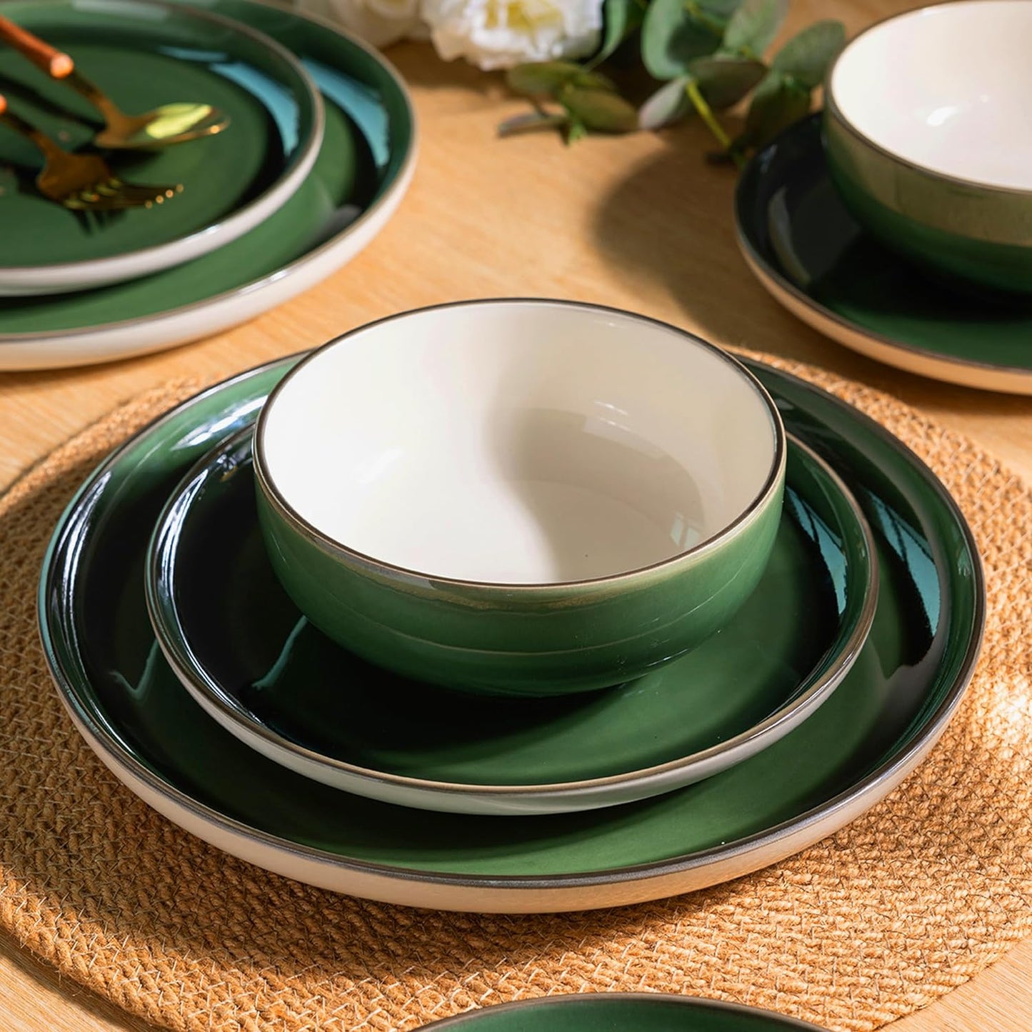 XQUDW073 Dinnerware Set White-Emerald Green